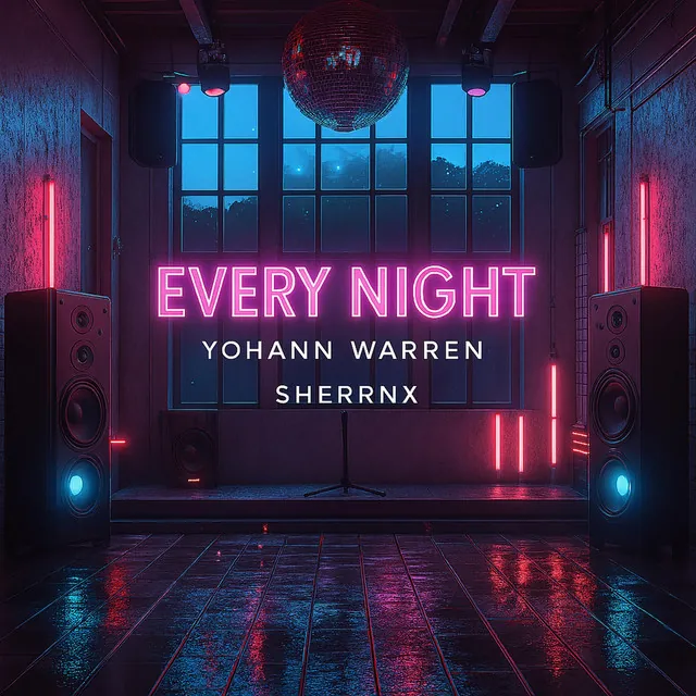 Cover art for Every Night: a neon sign in a dark room lined with speakers